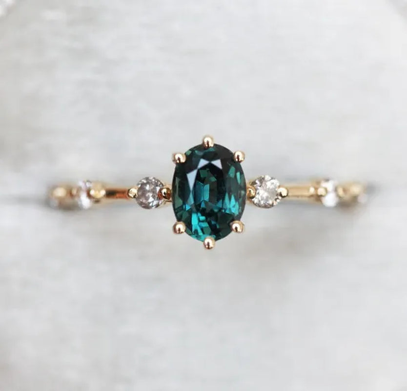 Teal Sapphire Ring, Peacock Engagement Ring, Ceylon Sapphire Diamond Ring, Oval Blue Ring