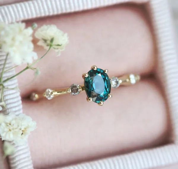 Teal Sapphire Ring, Peacock Engagement Ring, Ceylon Sapphire Diamond Ring, Oval Blue Ring