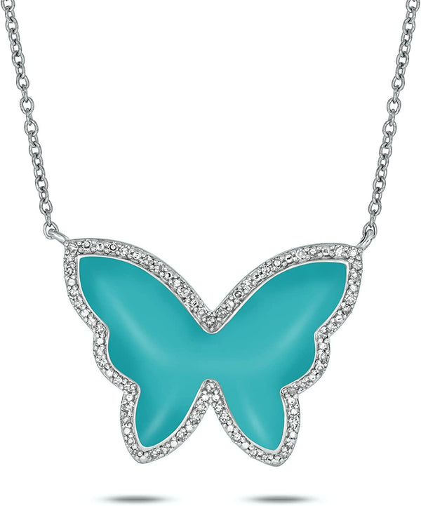 1/5Cttw Diamond and Enamel Butterfly Necklace for Women in 18K Rose Gold-Plated,