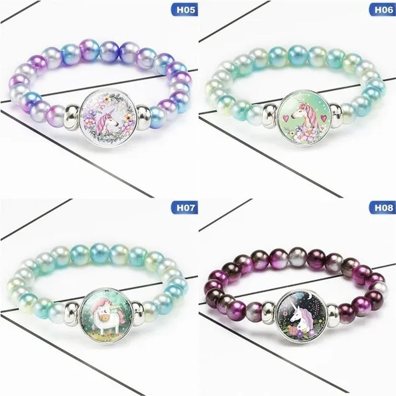 12 Styles Cute Unicorn Glass Rainbow Beads Bracelets & Bangles for Kids Girls Pa