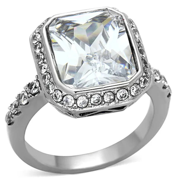 6.38 Ct Halo Emerald Cut Zirconia Stainless Steel Engagement Ring Women'S Size 5