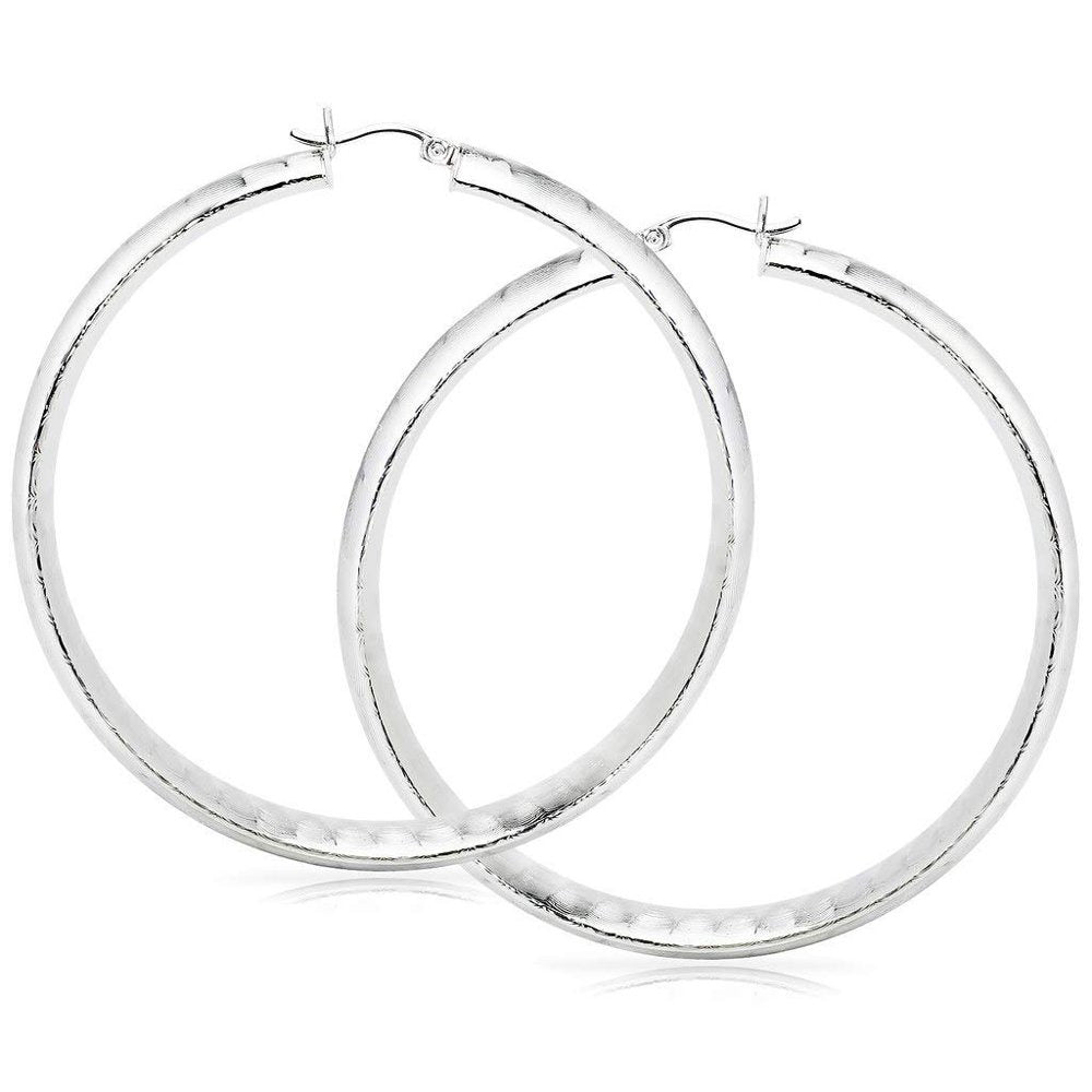 - Silver Dipped 60Mm Hammered Brushed Fashion Click Top Hoop Earrings