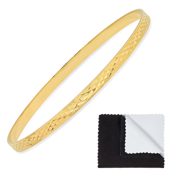 4Mm Gold Plated Diamond-Cut Pattern Bangle Bracelet, Circumference: 8.25" (Large
