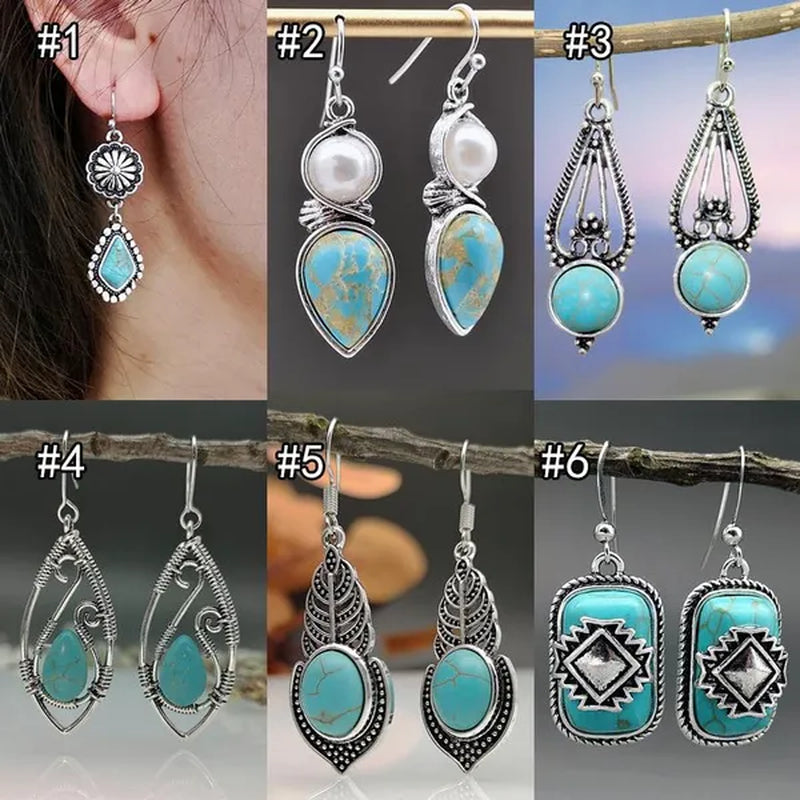 1Pair New Boho Ethnic Earrings for Women with Turquoise Gem Natural Stone Beads Earring Water Drop Hook Earring Vintage Jewelry