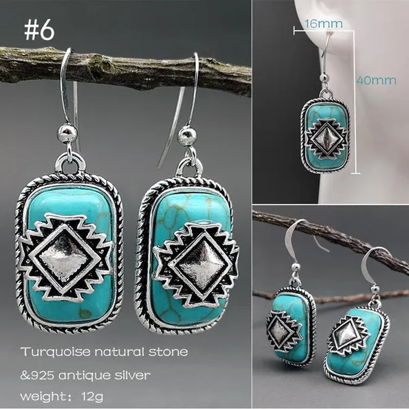 1Pair New Boho Ethnic Earrings for Women with Turquoise Gem Natural Stone Beads Earring Water Drop Hook Earring Vintage Jewelry